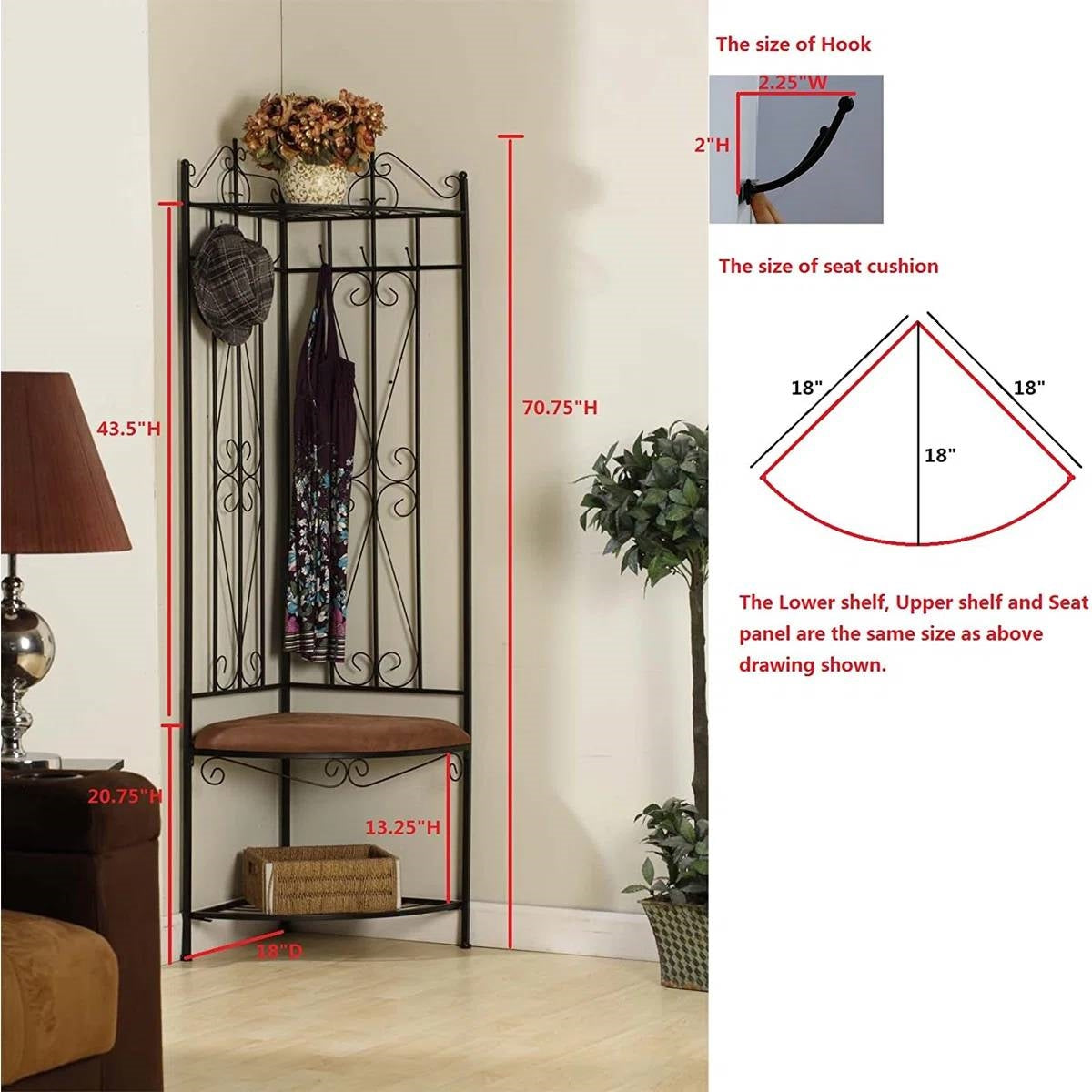 Black Metal Scrolling Corner Hall Tree Coat Rack Storage Bench (Online Exclusive)