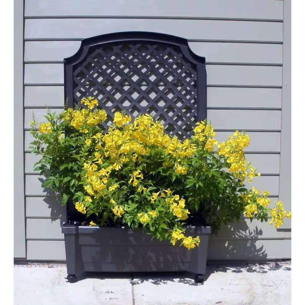 Outdoor Self-Watering Garden Planter with Trellis and Wheels in Grey Plastic (Online Exclusive)