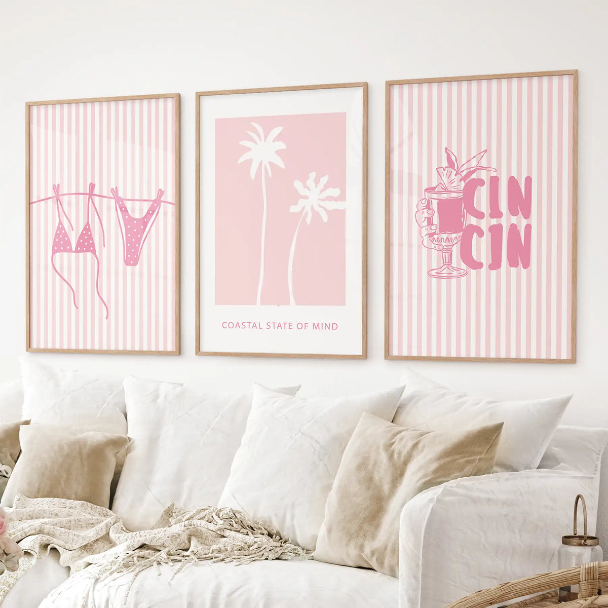 Preppy Coastal Girl Room Décor. Set of 3 Pink Summer Prints (online exclusive)