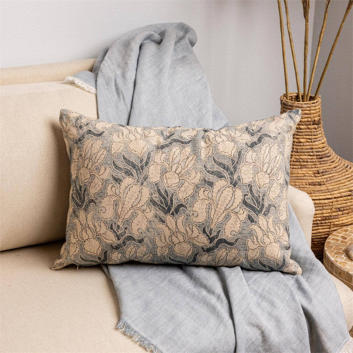Windward Blue Floral With Kantha Stitch Lumbar Pillow