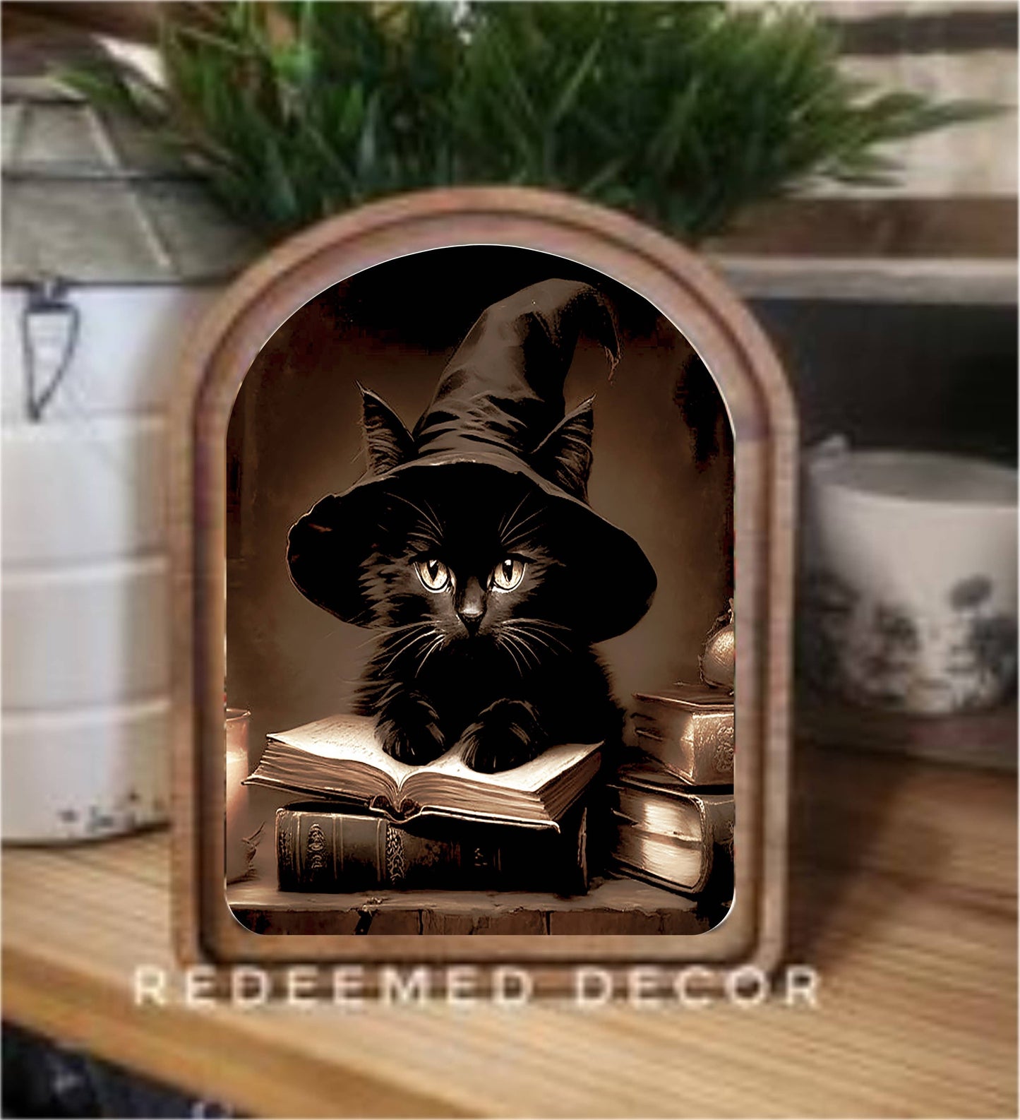 Arch Top Halloween Cat Framed Art