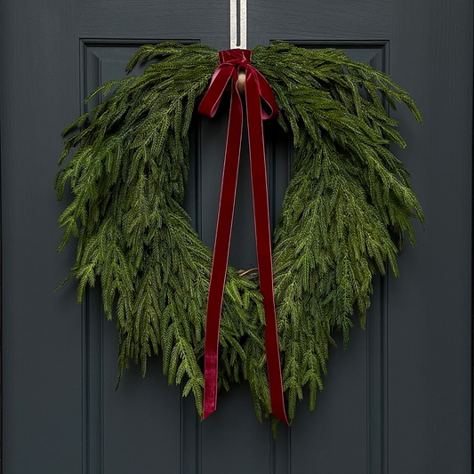 Faux Norfolk Pine Wreath with Red Velvet Bow (Online Exclusive)