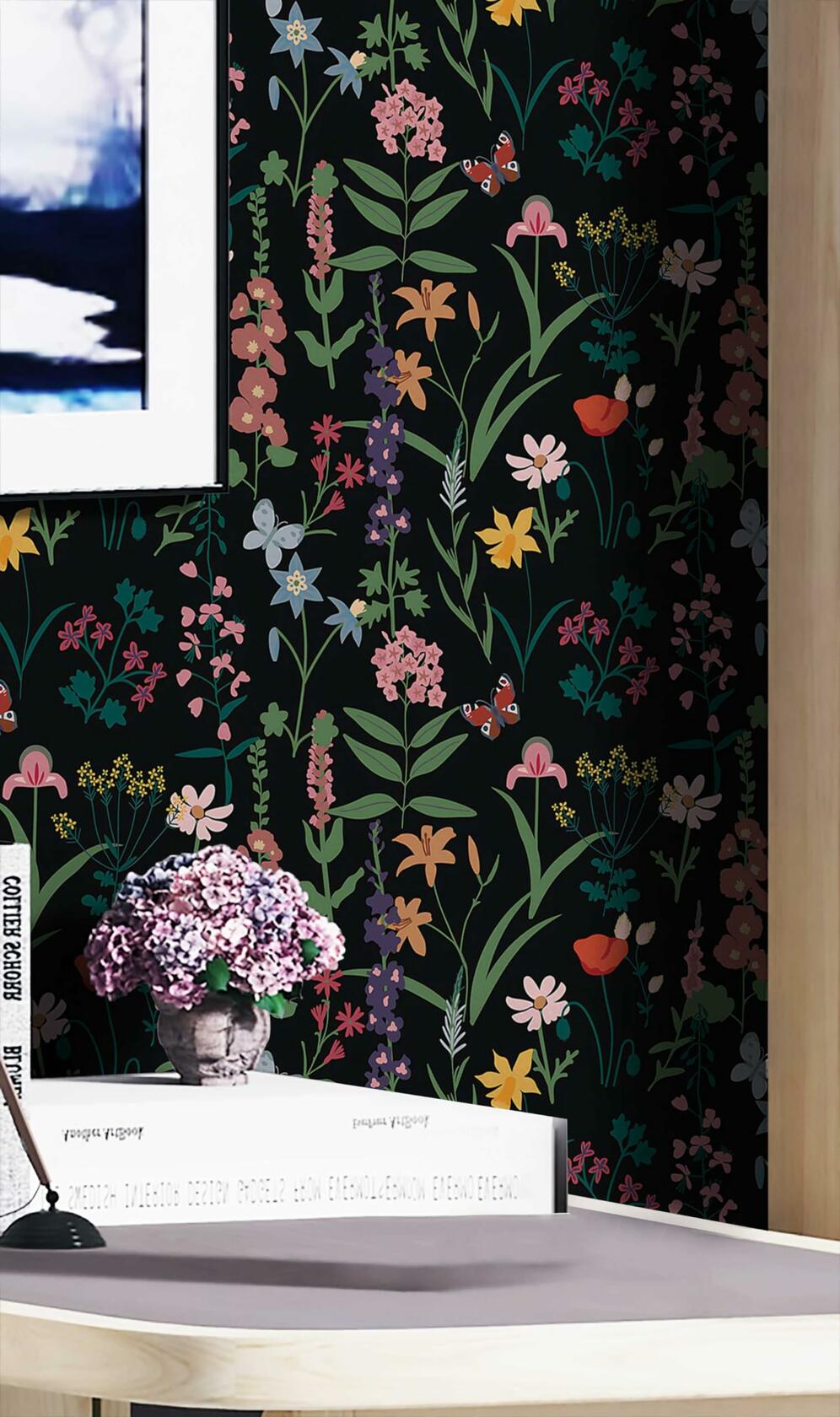Dimoon 236x16.1 Floral Peel and Stick Wallpaper Black Green Waterproof (Online Exclusive)