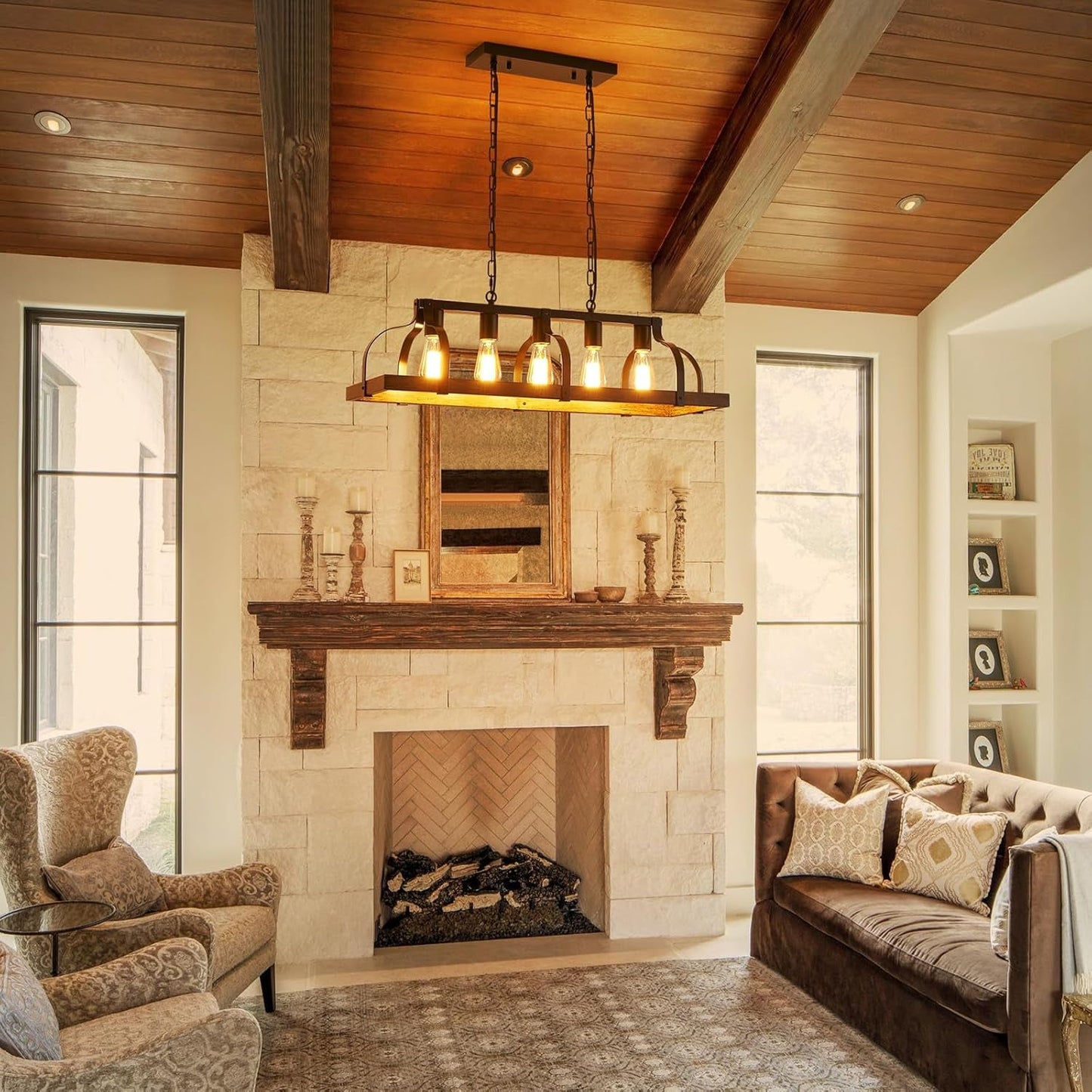 5-Light Metal Linear Chandelier Imitation Wood Grain  (Online Exclusive)