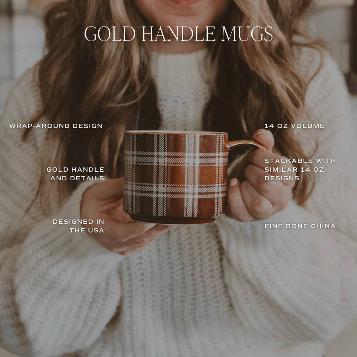 Orange Navy Plaid 14 oz Gold Handle Coffee Mug  (Online Exclusive