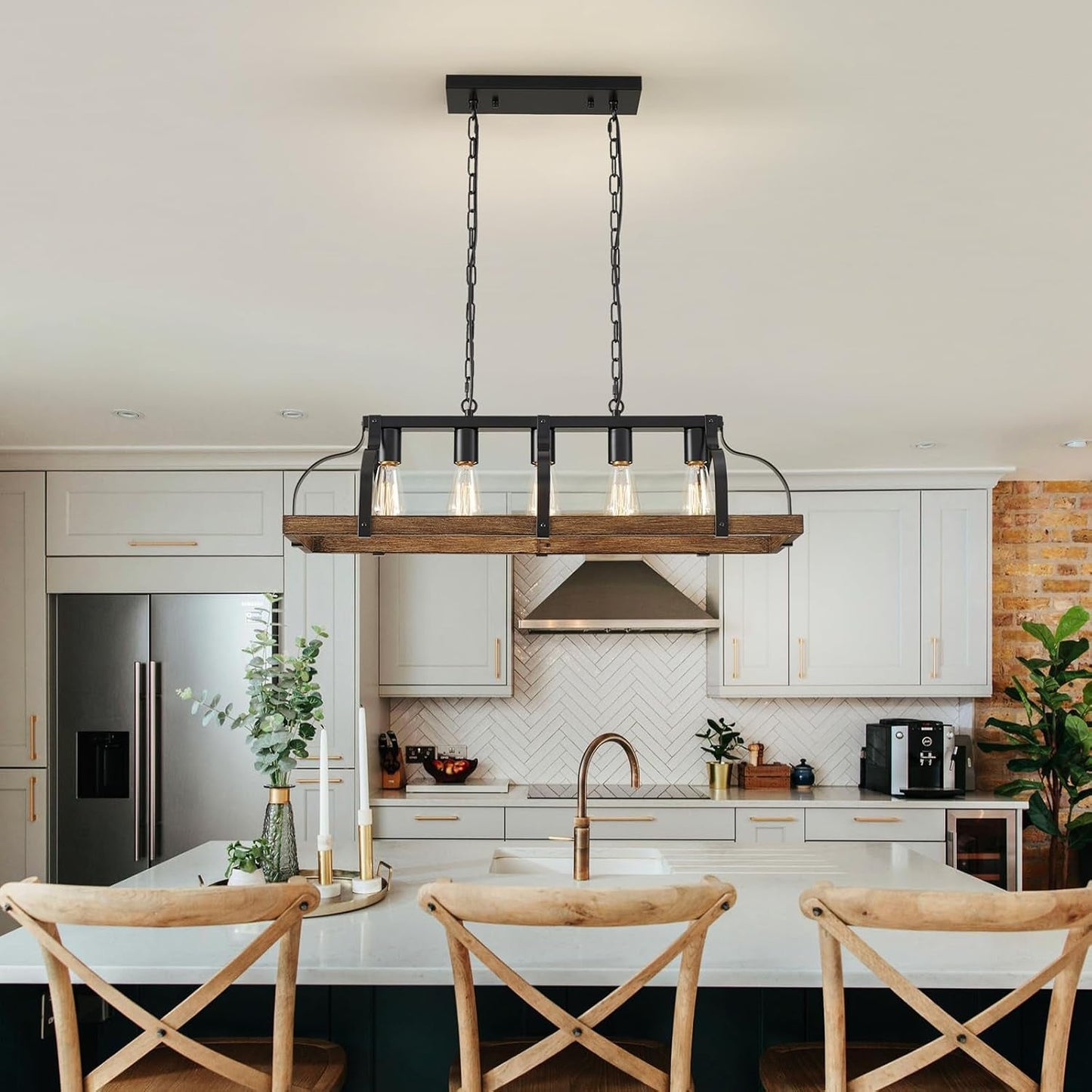 5-Light Metal Linear Chandelier Imitation Wood Grain  (Online Exclusive)