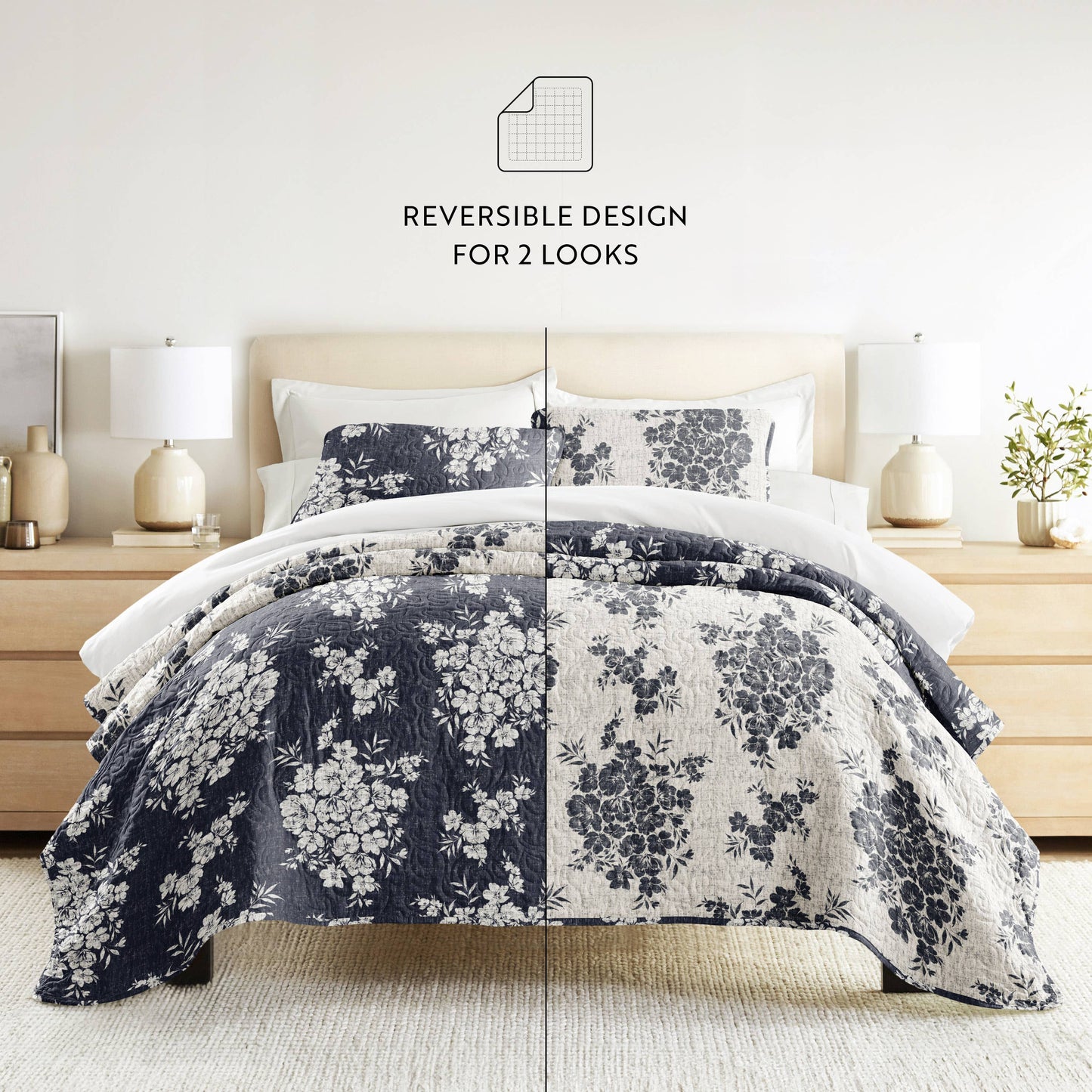 Distressed Bouquet All Season Patterned Reversible Quilt Set