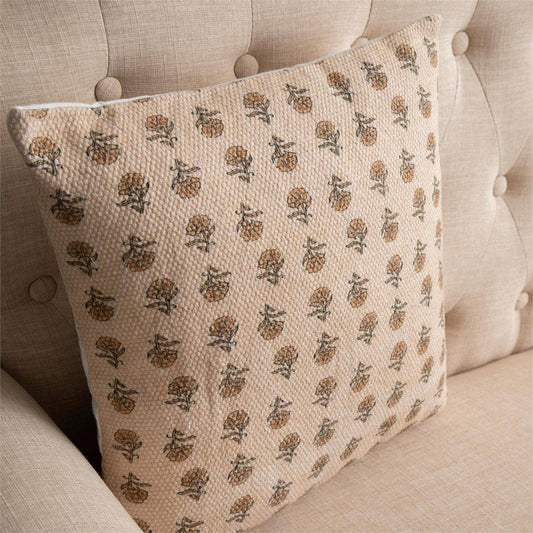 Mustard Floral Knubby Slub Block Print Pillow