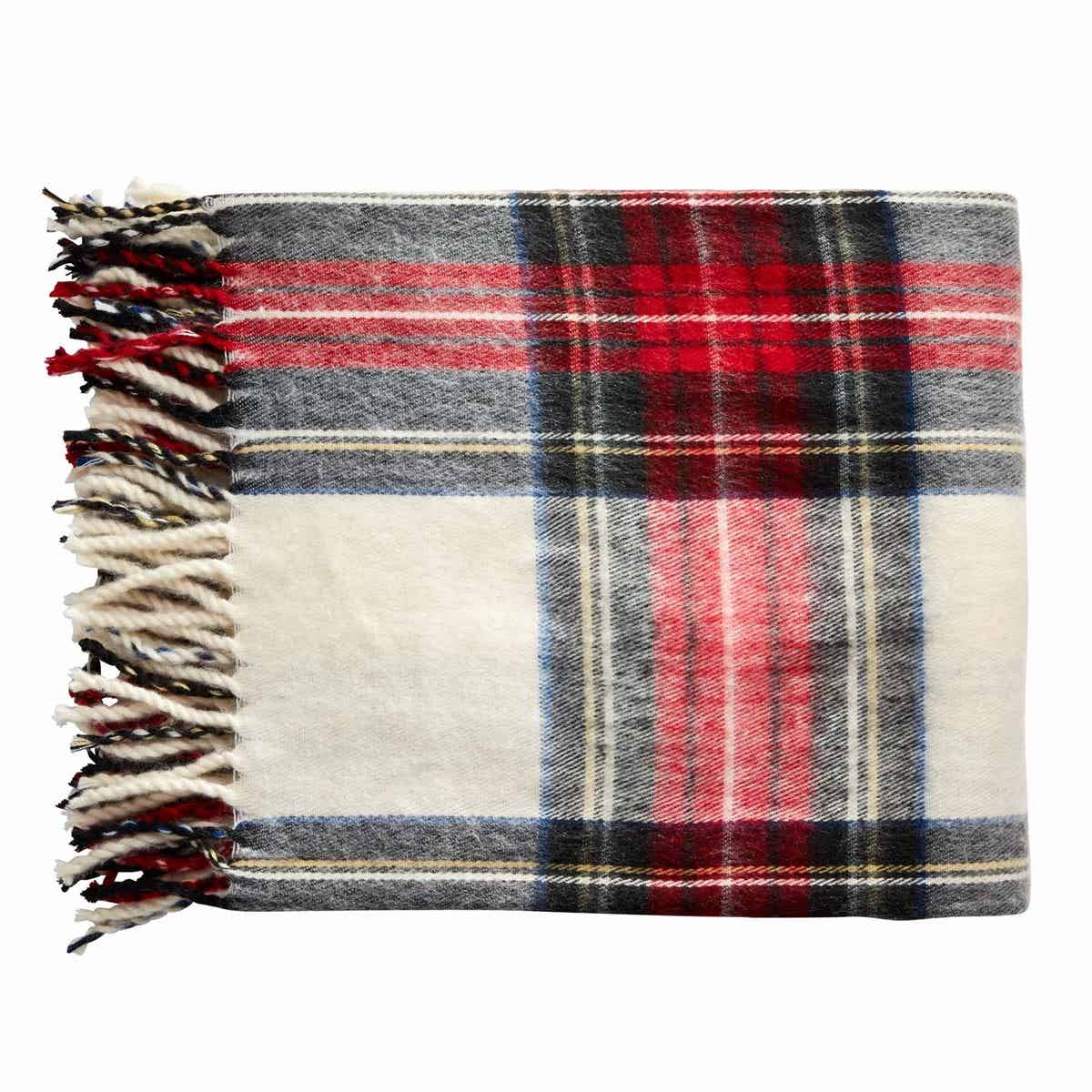 White Tartan Fringe Throw Blanket