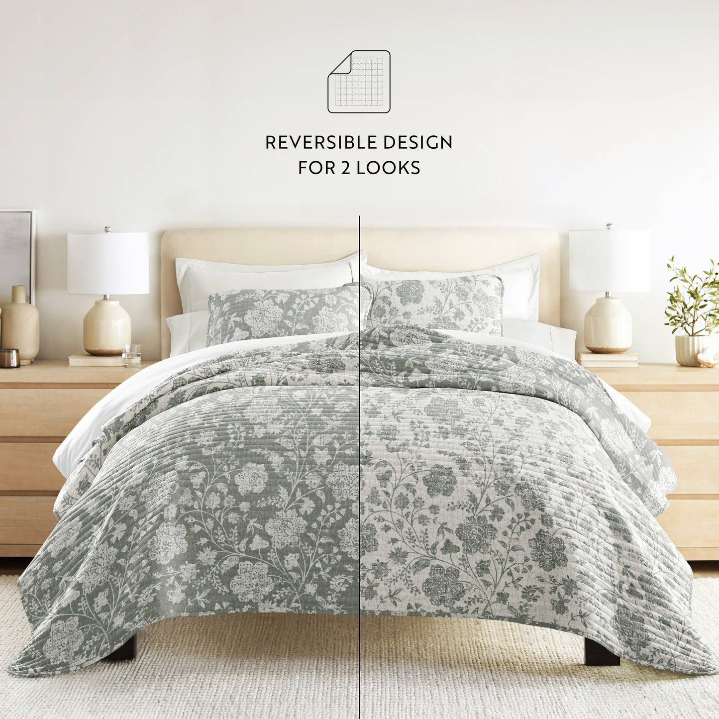 Textured Floral All Season Patterned Reversible Quilt Set
