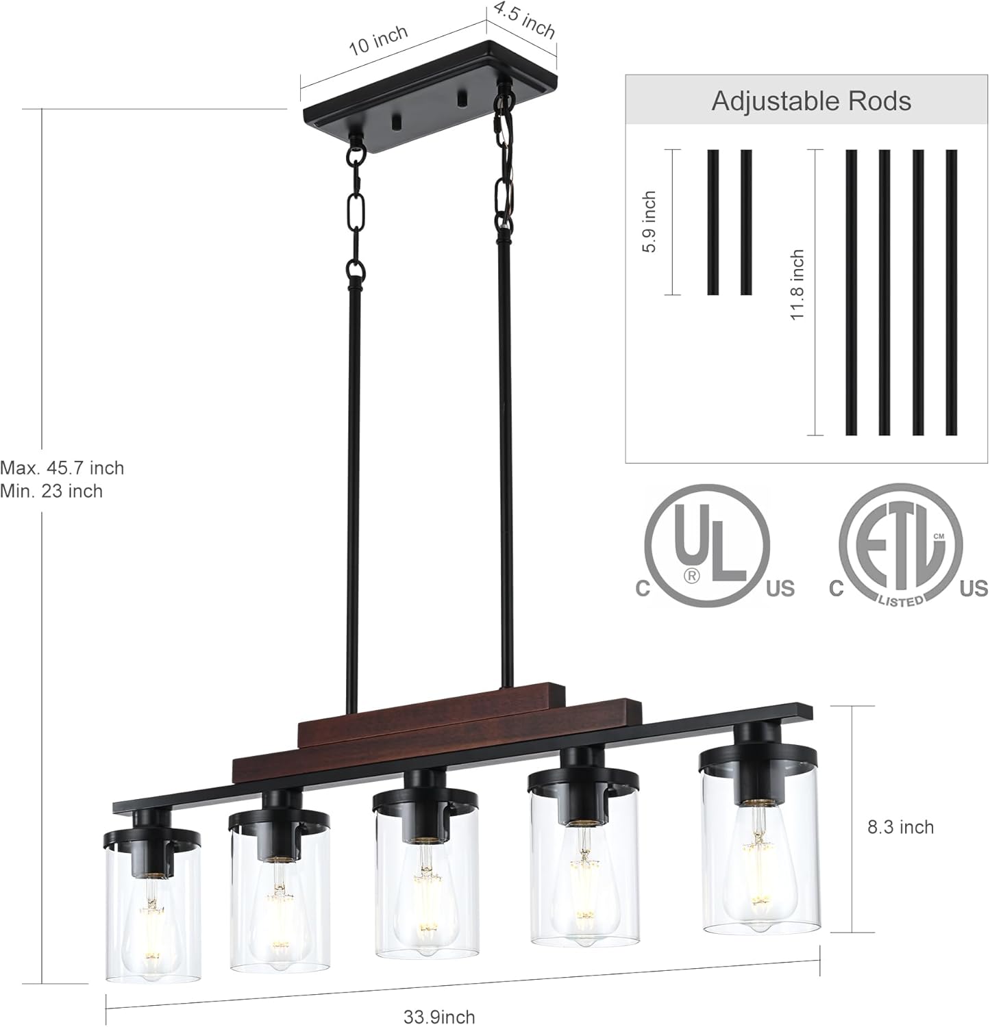 Farmhouse Rustic Wood Linear Chandelier with Clear   Glass Shade  (Online Exclusive)