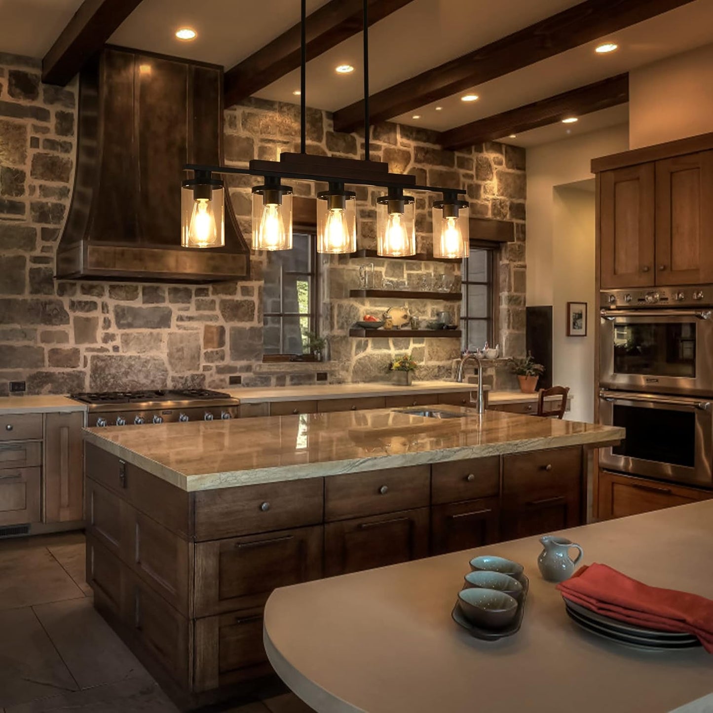 Farmhouse Rustic Wood Linear Chandelier with Clear   Glass Shade  (Online Exclusive)