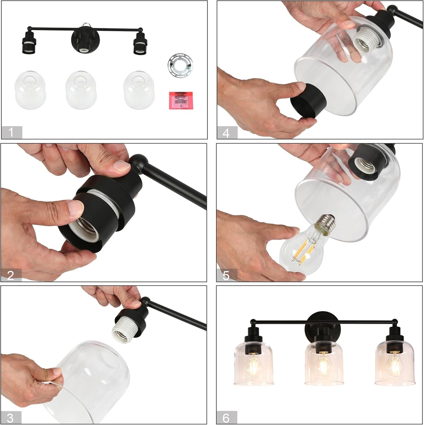 3-Light Black Vanity Light with Clear Glass Shade  (Online Exclusive)
