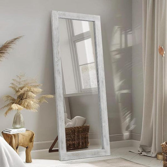 MELOMOIR Rustic Farmhouse  (Online Exclusive) Full Length Mirror, Wood Floor Mirror, Free Standing, Long for Bedroom, Living Room, Cloakroom, Weathering White