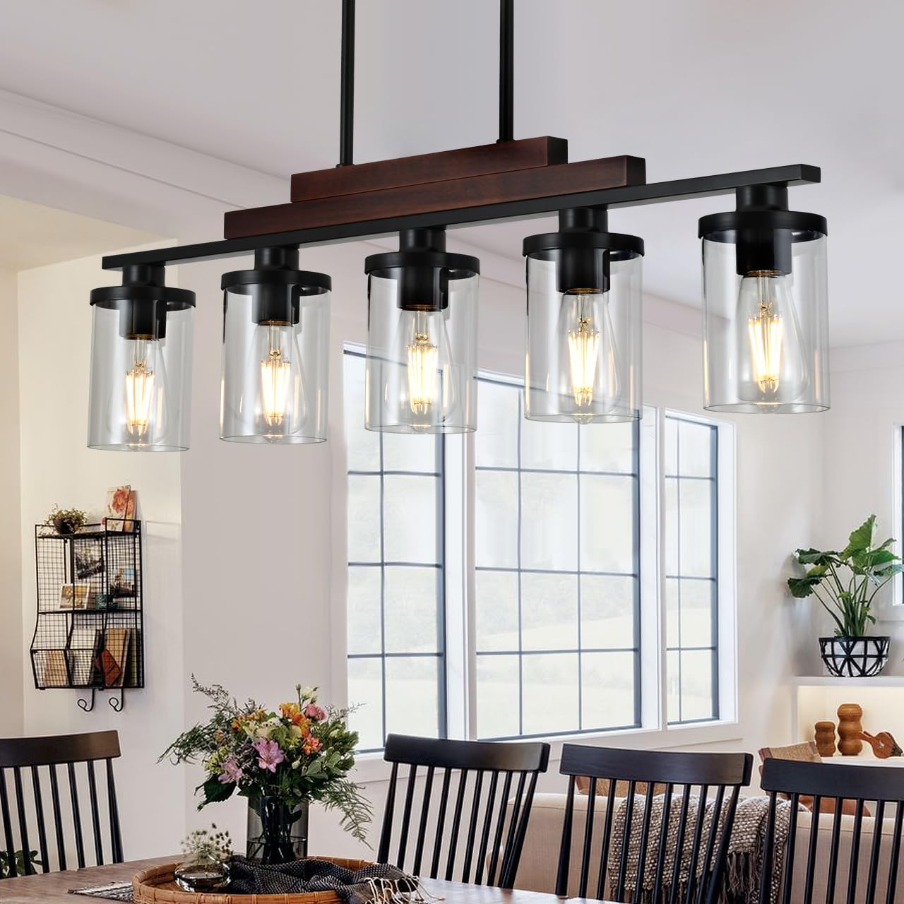 Farmhouse Rustic Wood Linear Chandelier with Clear   Glass Shade  (Online Exclusive)