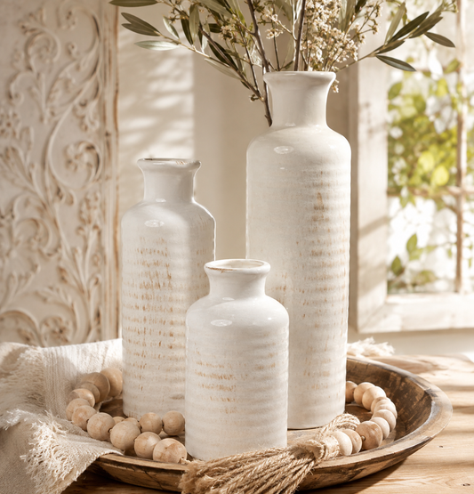 White Ribbed Ceramic Bottle Vase
