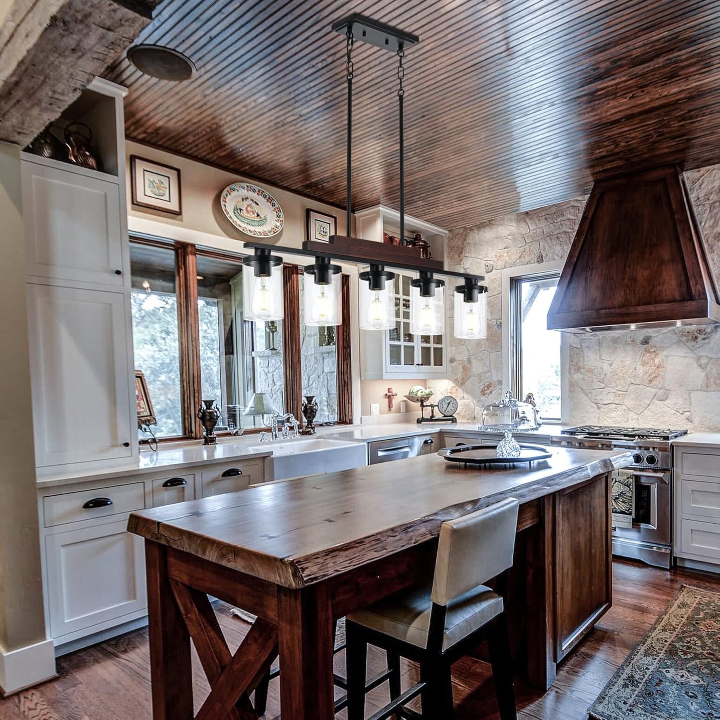 Farmhouse Rustic Wood Linear Chandelier with Clear   Glass Shade  (Online Exclusive)