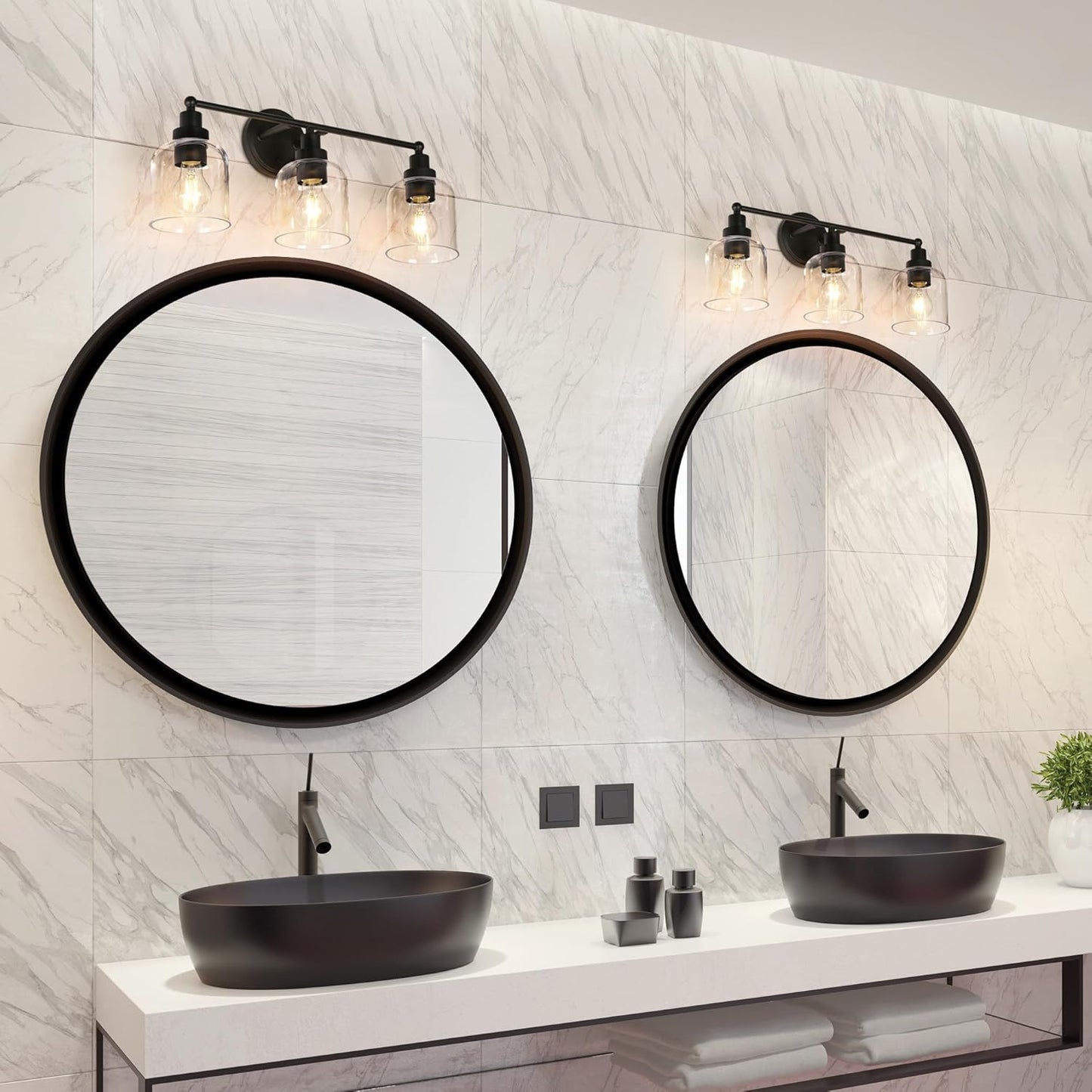 3-Light Black Vanity Light with Clear Glass Shade  (Online Exclusive)