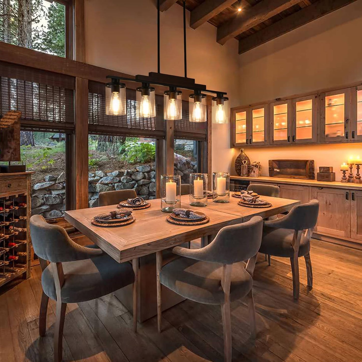 Farmhouse Rustic Wood Linear Chandelier with Clear   Glass Shade  (Online Exclusive)