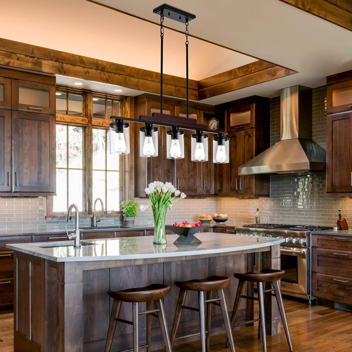Farmhouse Rustic Wood Linear Chandelier with Clear   Glass Shade  (Online Exclusive)