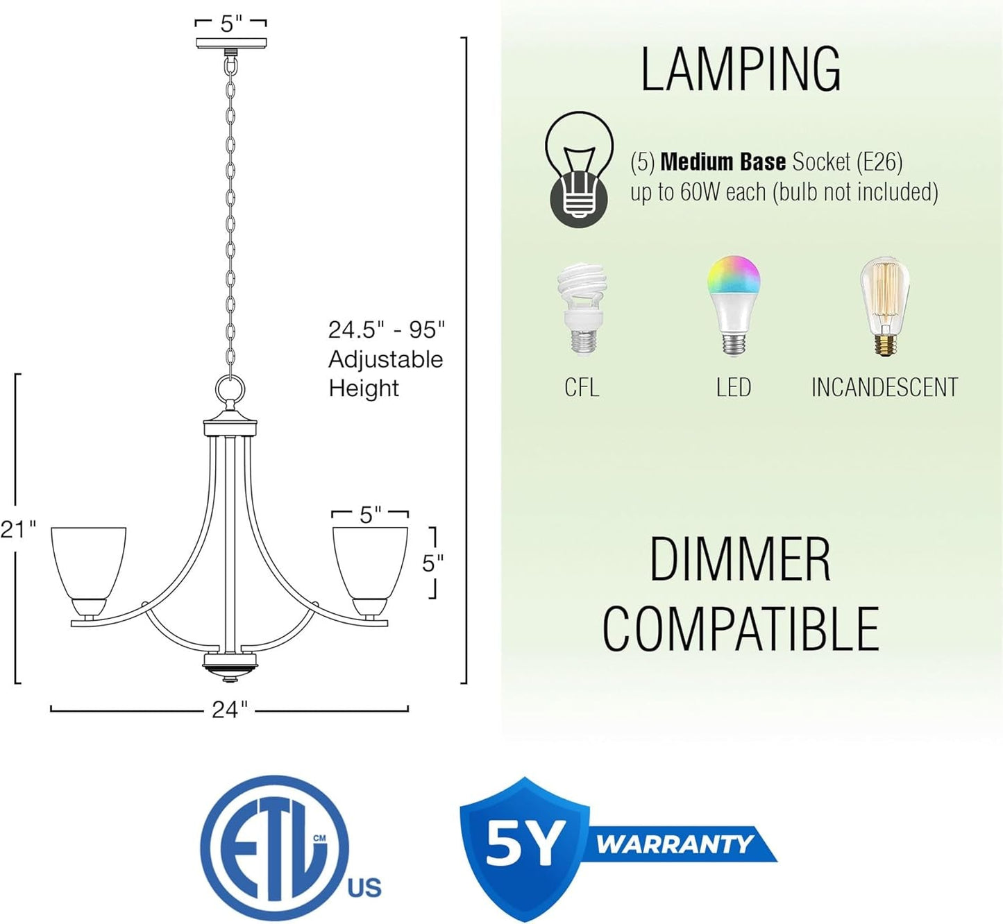Contemporary 5-Light Large Chandelier  (Online Exclusive)