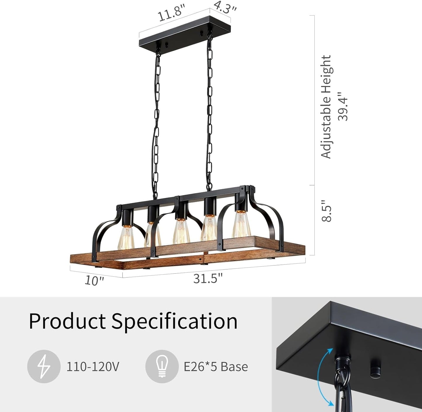 5-Light Metal Linear Chandelier Imitation Wood Grain  (Online Exclusive)