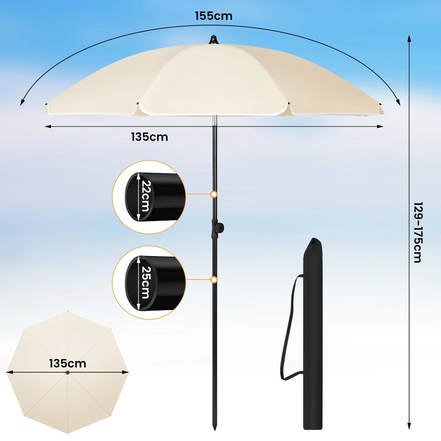 WOLTU Round Beach Balcony Umbrella  (Online Exclusive) UV-Resistant  Waterproof Height-Adjustable 45°Bendable Parasol for Sun Protection Garden Patio