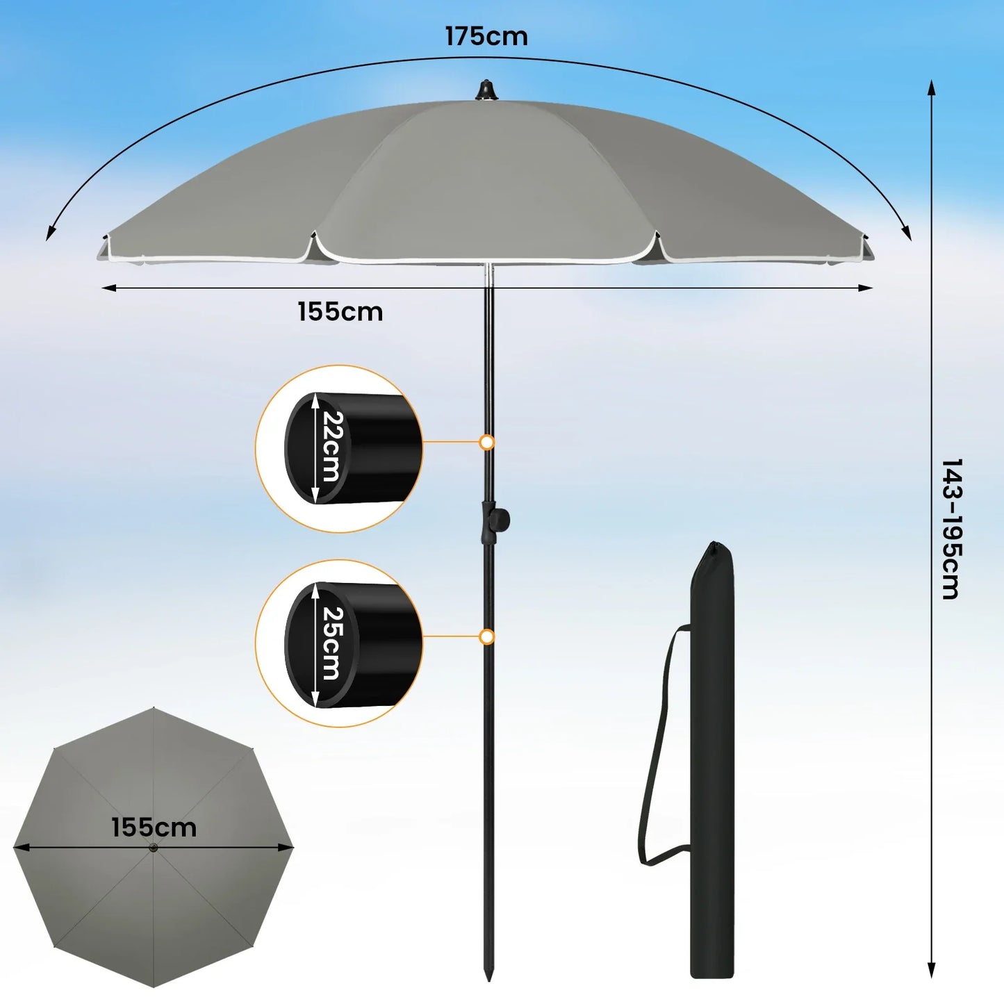 WOLTU Round Beach Balcony Umbrella  (Online Exclusive) UV-Resistant  Waterproof Height-Adjustable 45°Bendable Parasol for Sun Protection Garden Patio