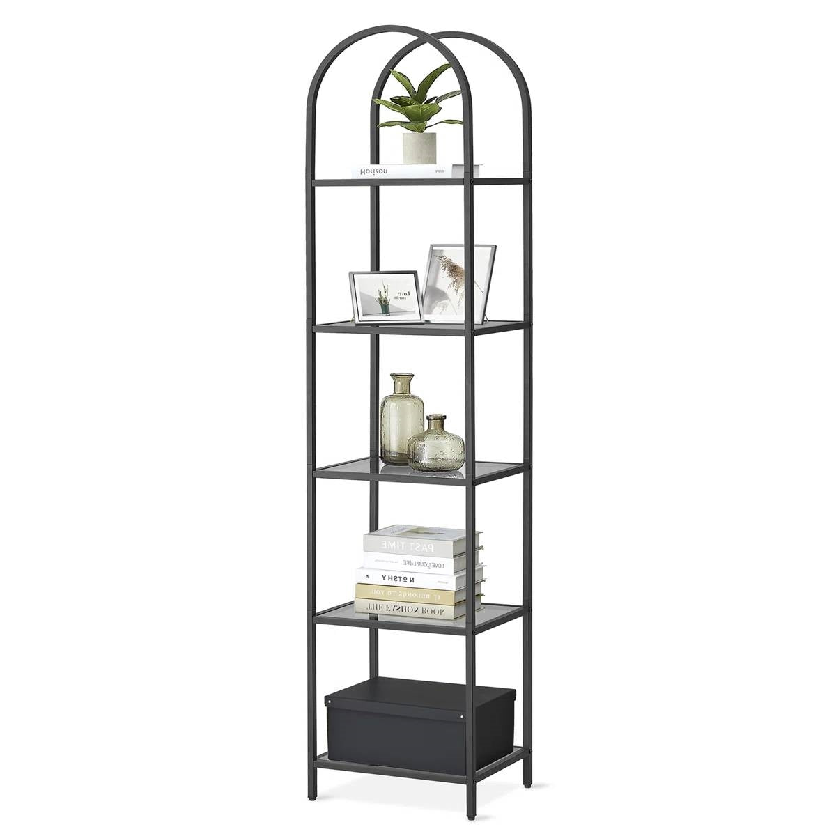 Arched Top Black Metal Display Rack Narrow Bookcase with 5 Glass Storage Shelves  (Online Exclusive)
