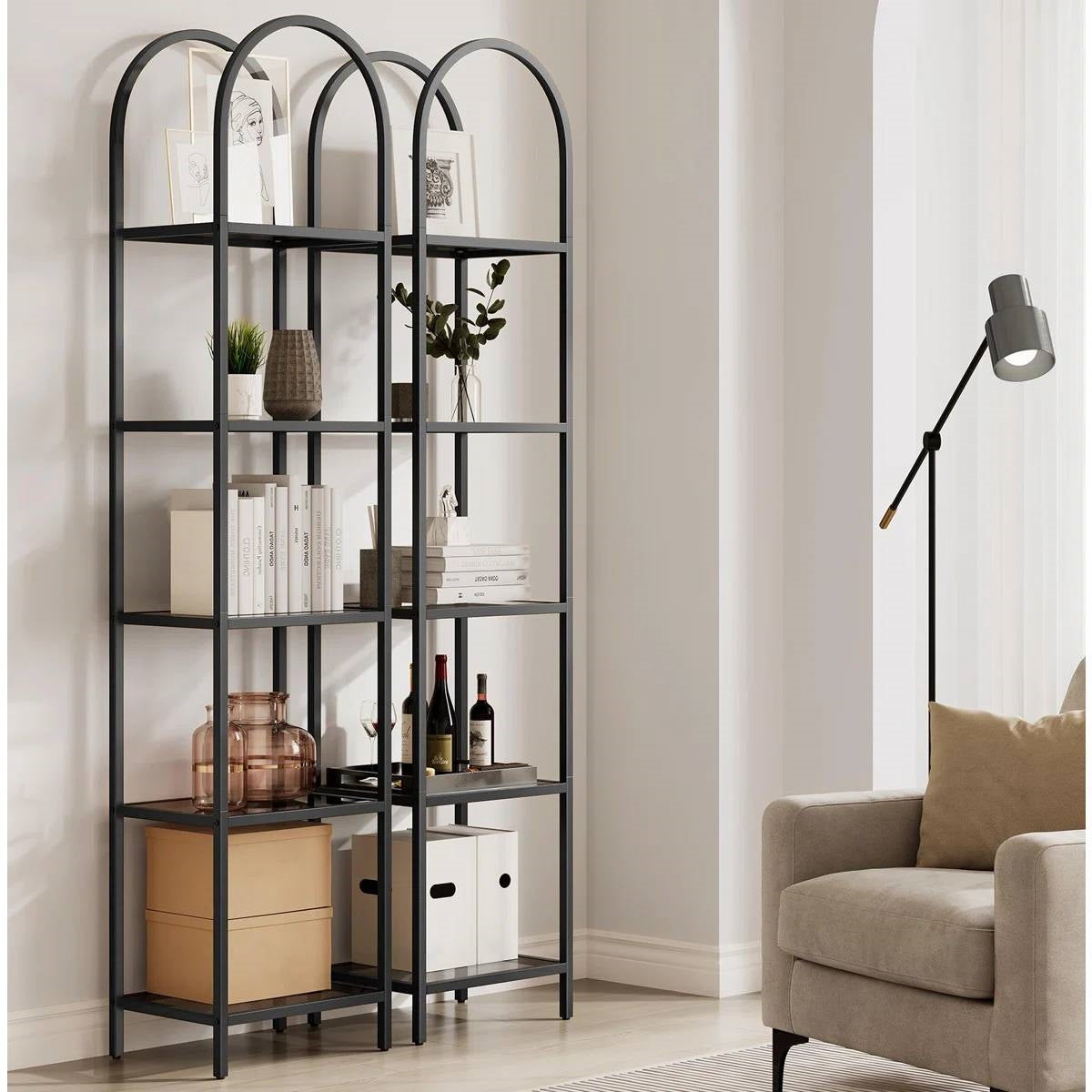 Arched Top Black Metal Display Rack Narrow Bookcase with 5 Glass Storage Shelves  (Online Exclusive)