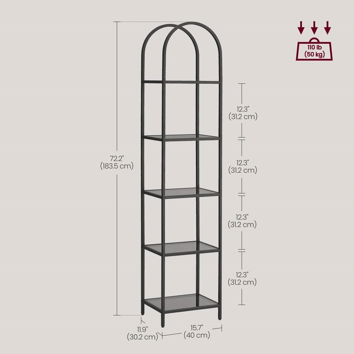 Arched Top Black Metal Display Rack Narrow Bookcase with 5 Glass Storage Shelves  (Online Exclusive)