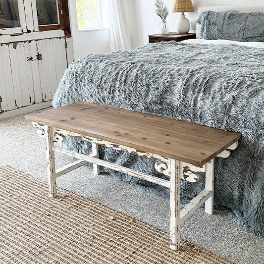Distressed White Finish Wooden Bench (Online Exclusive)