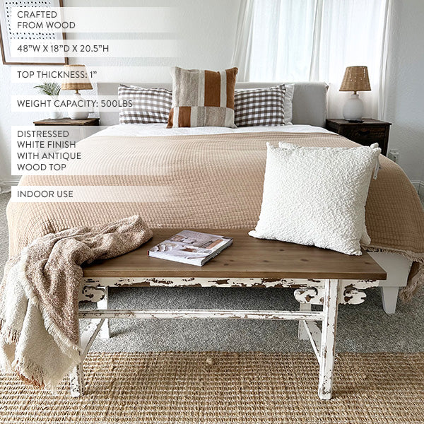 Distressed White Finish Wooden Bench (Online Exclusive)