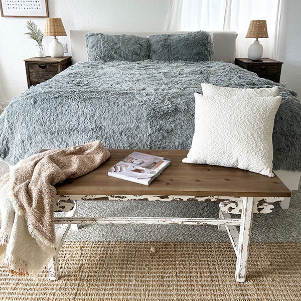 Distressed White Finish Wooden Bench (Online Exclusive)