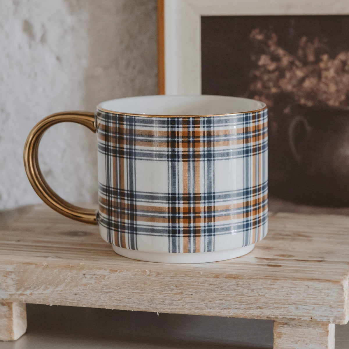 Orange Navy Plaid 14 oz Gold Handle Coffee Mug  (Online Exclusive