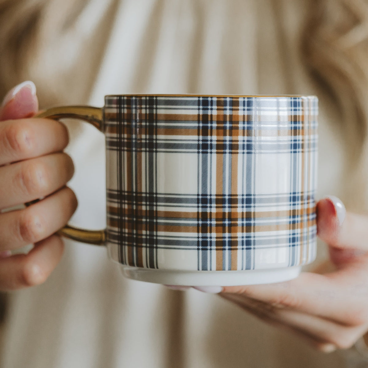 Orange Navy Plaid 14 oz Gold Handle Coffee Mug  (Online Exclusive