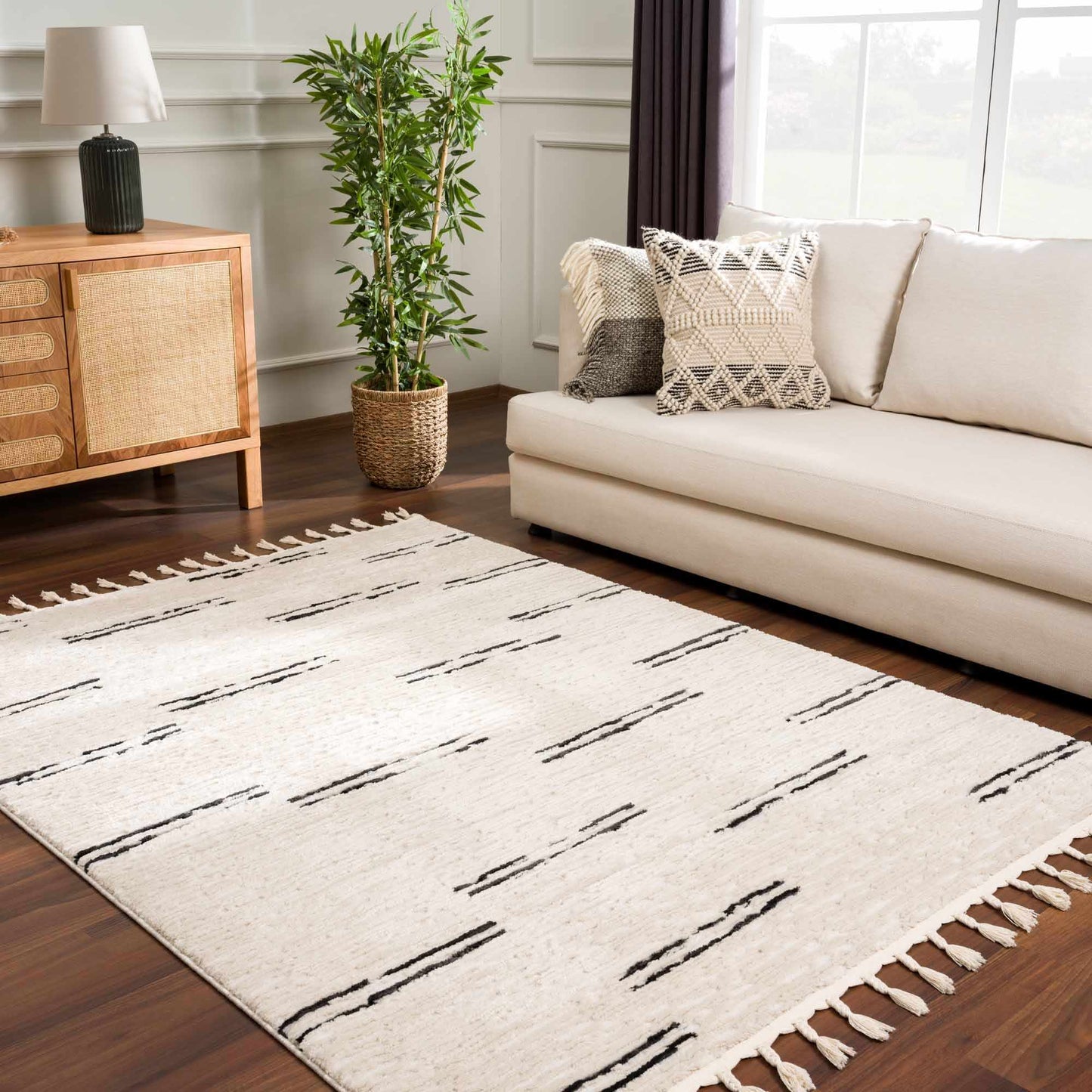 Riad Black Striped White Rug with Tassels  (online exclusive