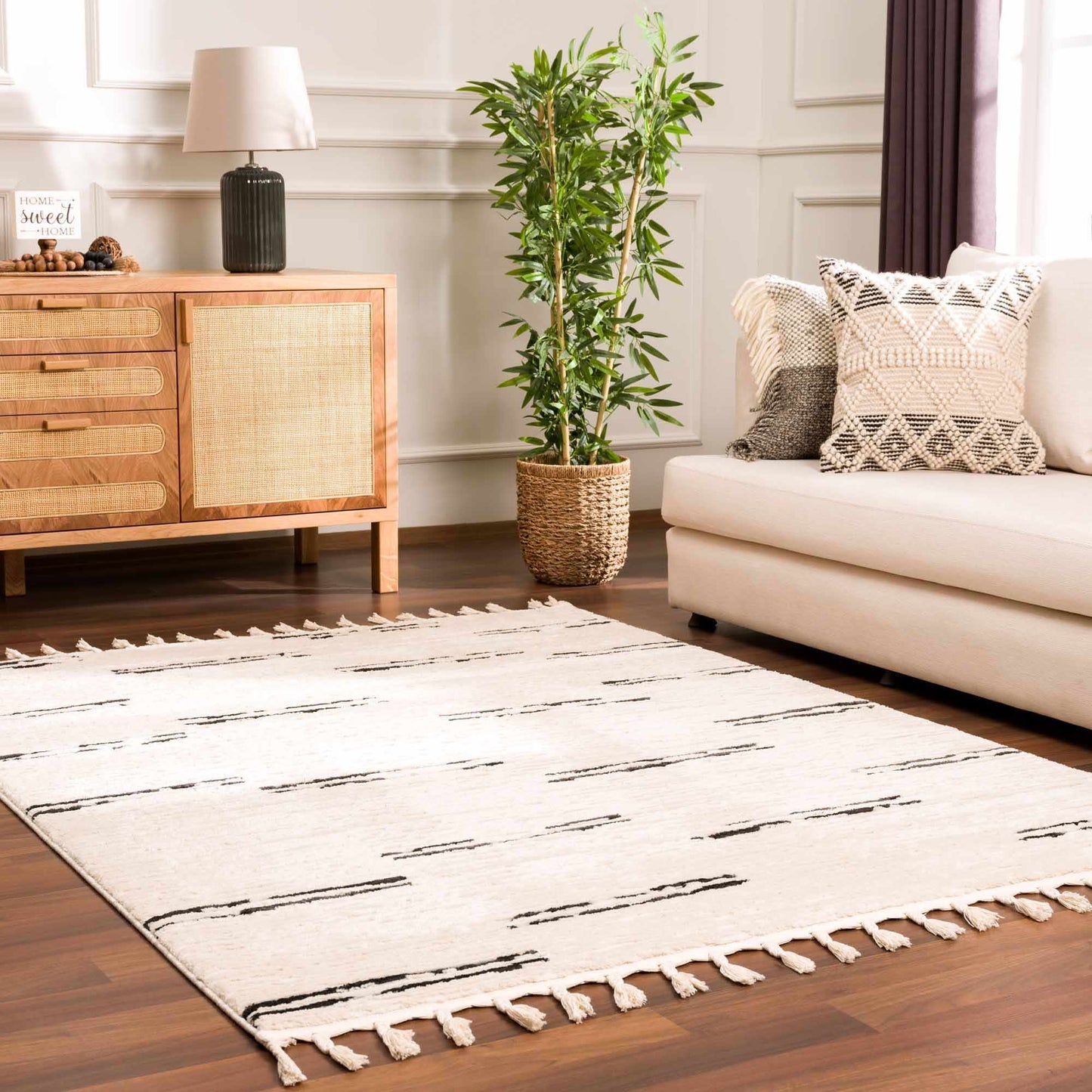 Riad Black Striped White Rug with Tassels  (online exclusive