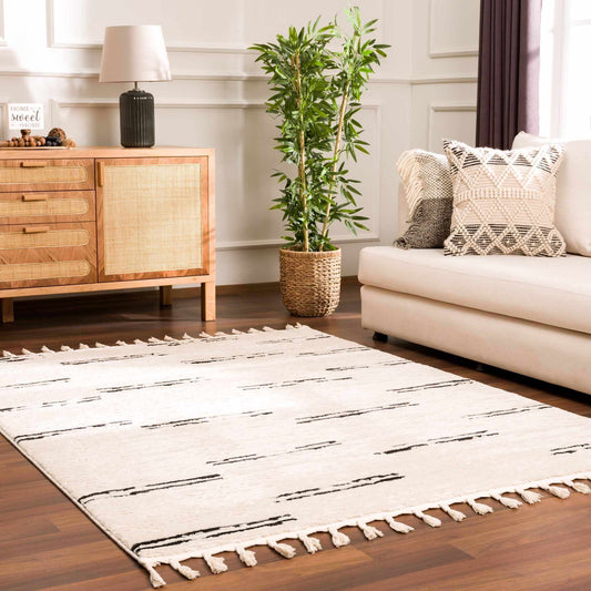 Riad Black Striped White Rug with Tassels  (online exclusive