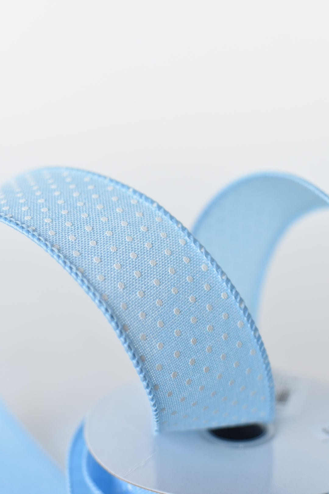 1 1/2" x 10yd Light Blue Faux Linen with Swiss Dots Wired Ribbon (Online exclusive)