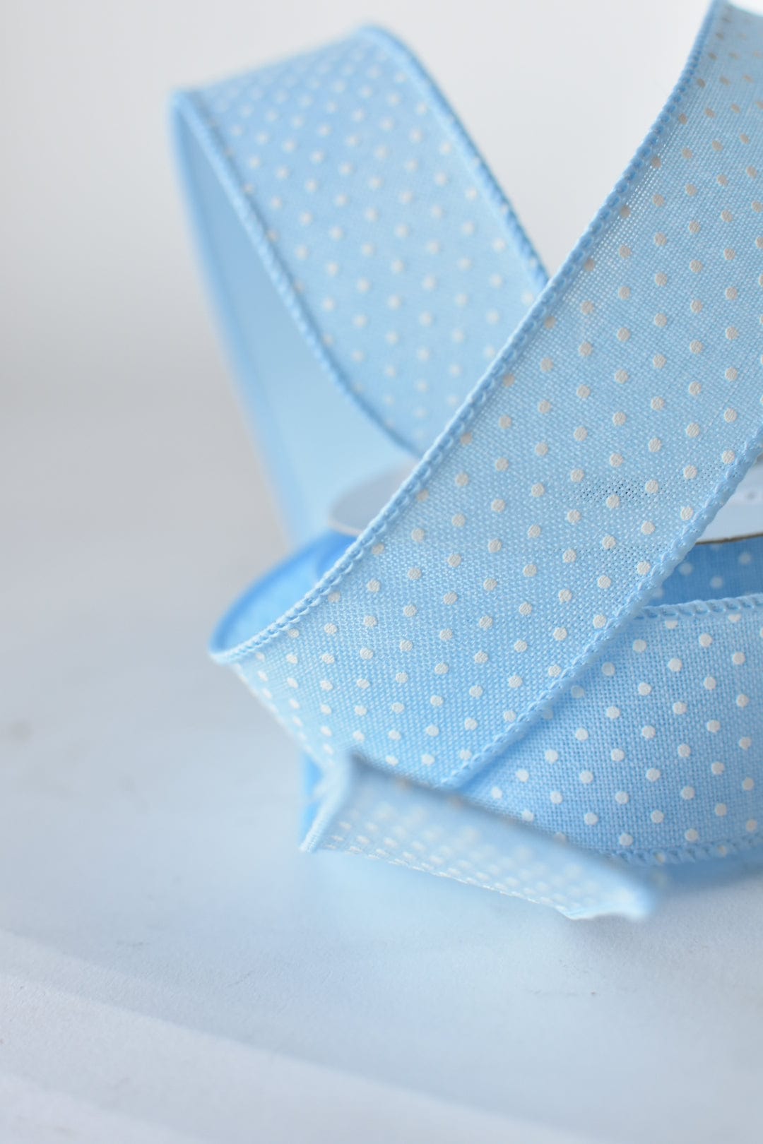 1 1/2" x 10yd Light Blue Faux Linen with Swiss Dots Wired Ribbon (Online exclusive)