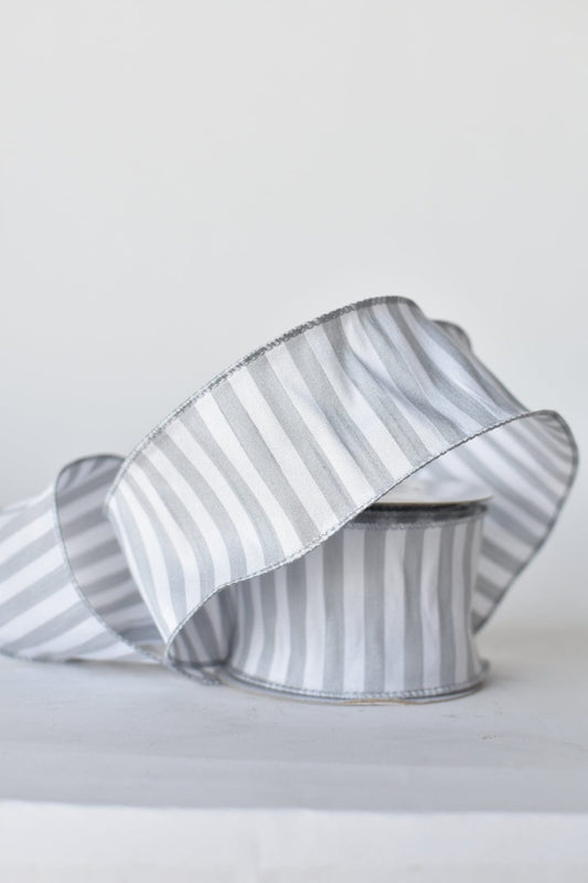 2.5" x 10yd White + Gray Striped Faux Dupioni Silk Ribbon (Online exclusive)