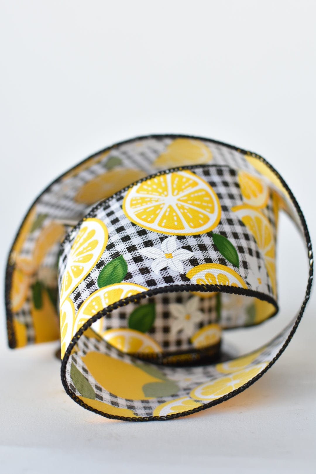 2.5" x 10yd Black and White Check with Lemons Wired Ribbon (Online exclusive)
