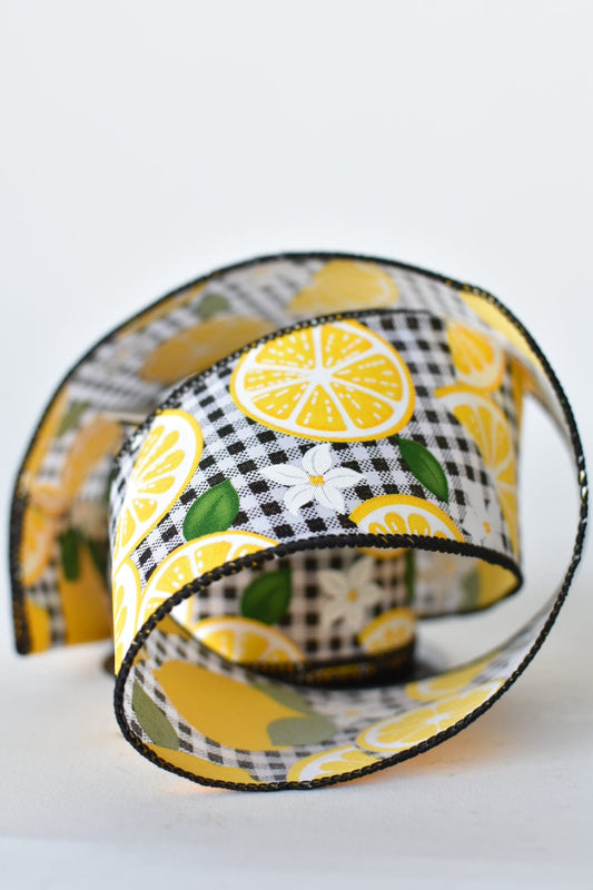 2.5" x 10yd Black and White Check with Lemons Wired Ribbon (Online exclusive)