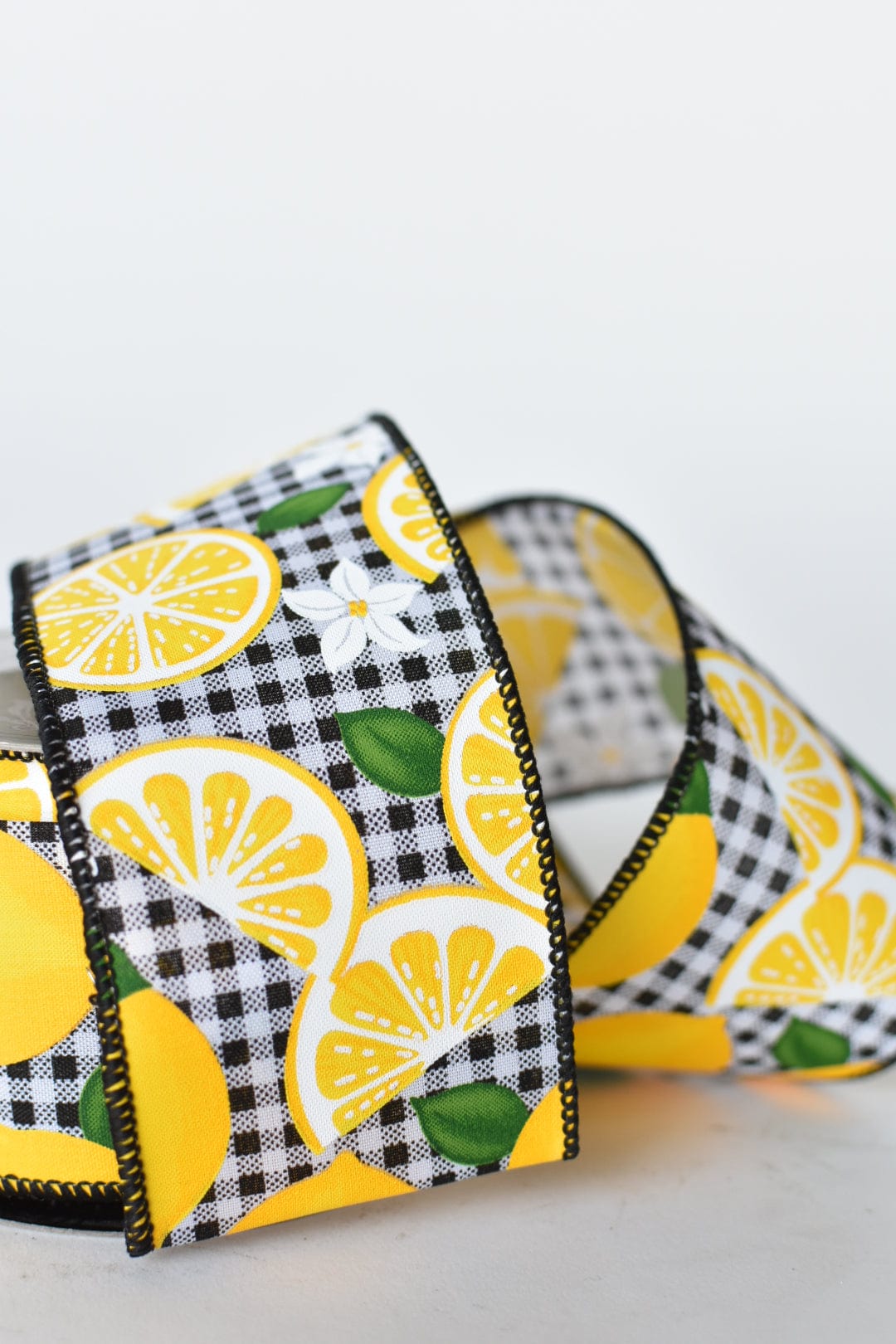 2.5" x 10yd Black and White Check with Lemons Wired Ribbon (Online exclusive)