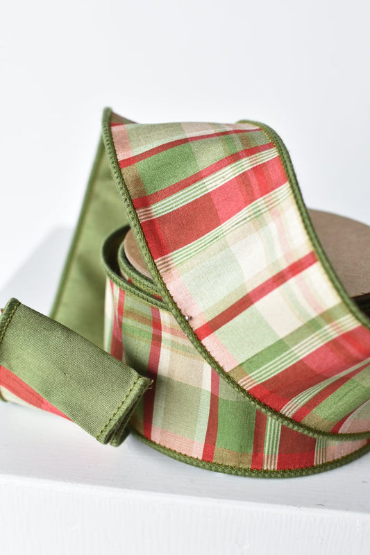 2.5" x 10yd Red/Green/Tan Plaid Dupioni Silk Ribbon (Online Exclusive)