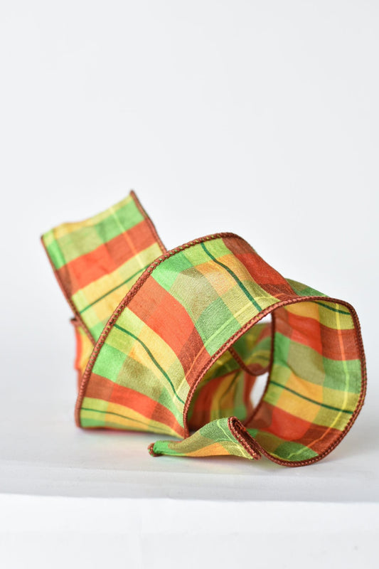 2.5" x 10yd Orange + Lime Plaid Faux Dupioni Silk Ribbon (Online exclusive)