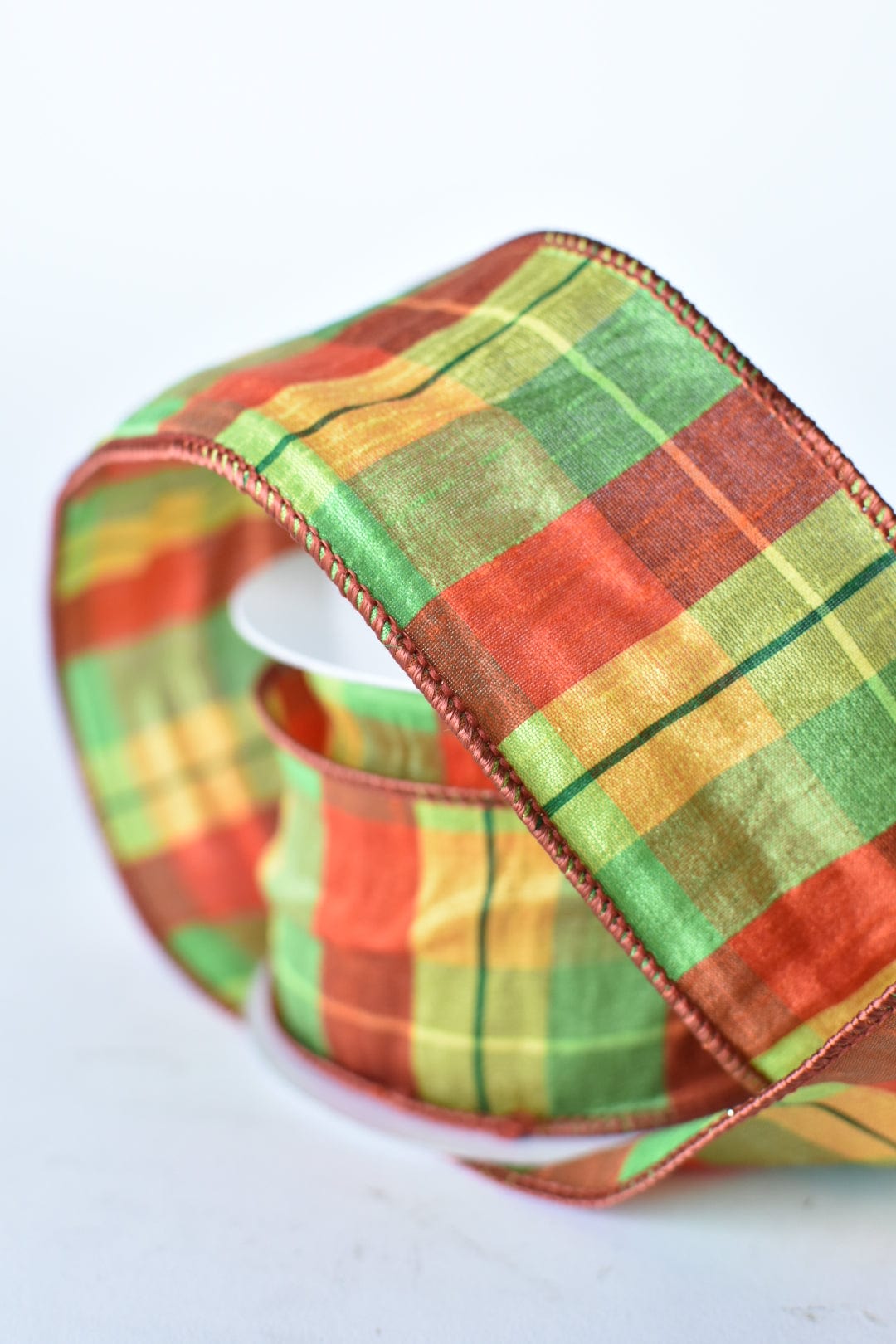 2.5" x 10yd Orange + Lime Plaid Faux Dupioni Silk Ribbon (Online exclusive)