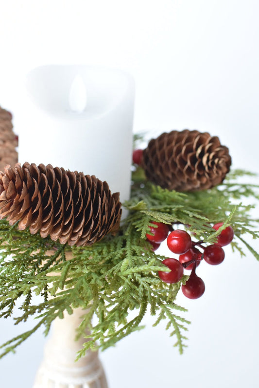 11" Faux Cedar Candle Ring With Pinecones/Berries (Fits up to a 3" Pillar Candle) (Online Exclusive)