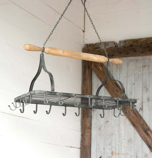 Farmhouse Hanging Pot Rack with Rolling Pin and Hooks (Online Exclusive)